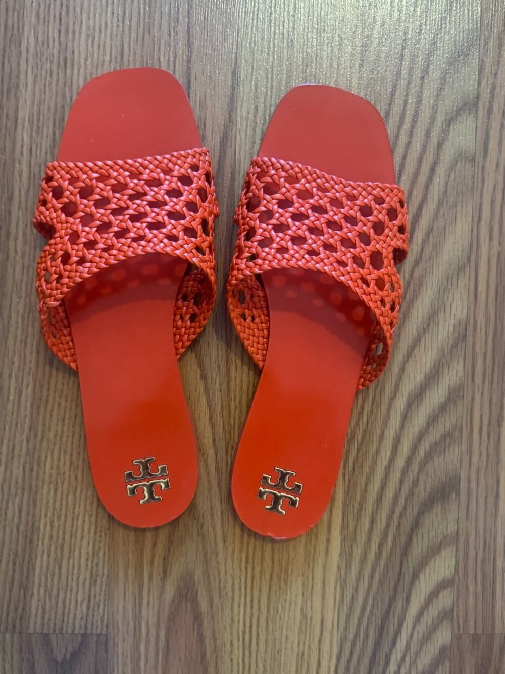 Woven calf leather flat slides, desert flower orange